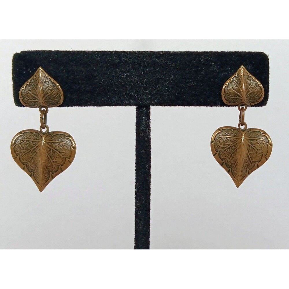 Vintage Ornate Antiqued Bronze Leaf Dangle Post Earrings 1.25 in